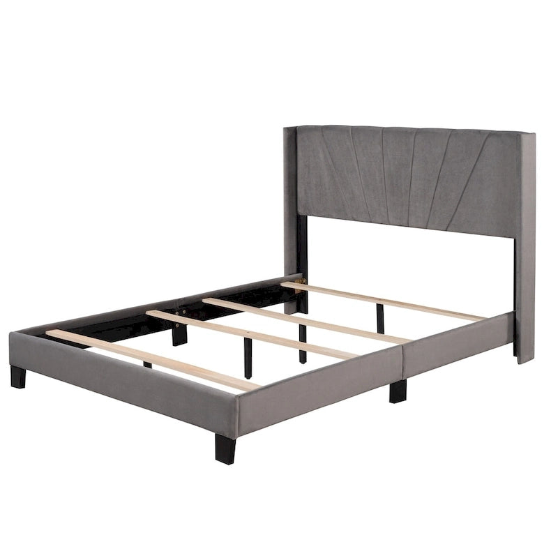 Cadre de lit Queen en velours beige / gris / bleu, 2 personnes