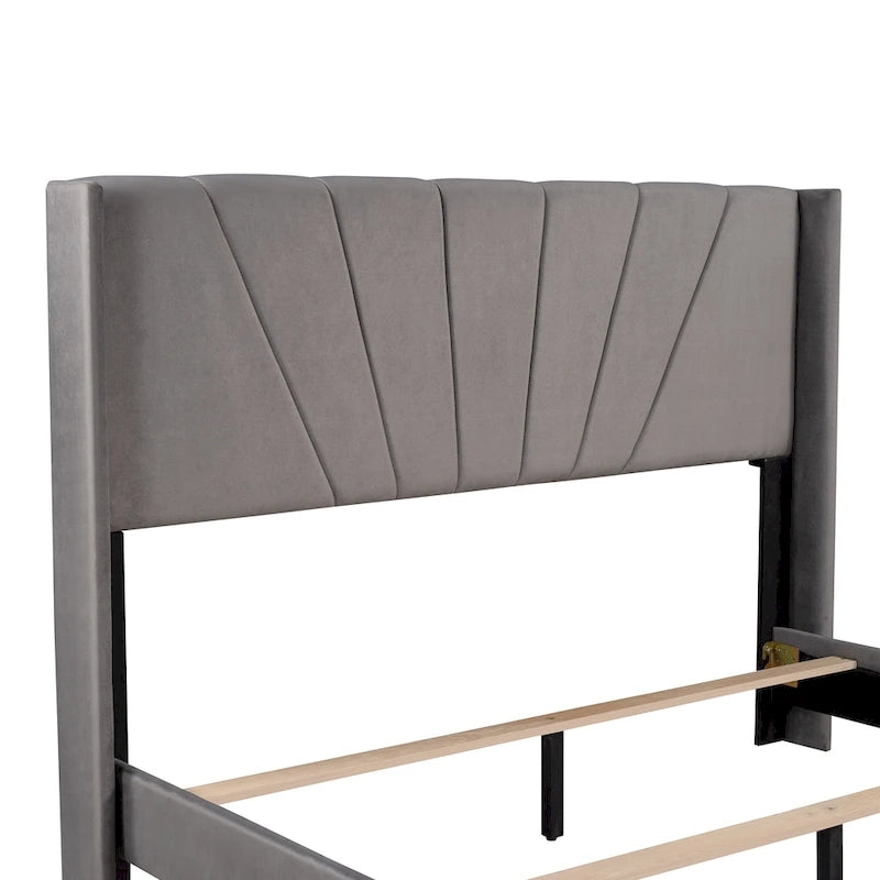 Cadre de lit Queen en velours beige / gris / bleu, 2 personnes