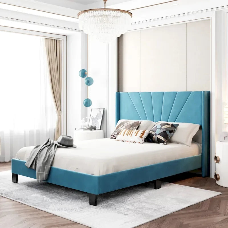 Cadre de lit Queen en velours beige / gris / bleu, 2 personnes