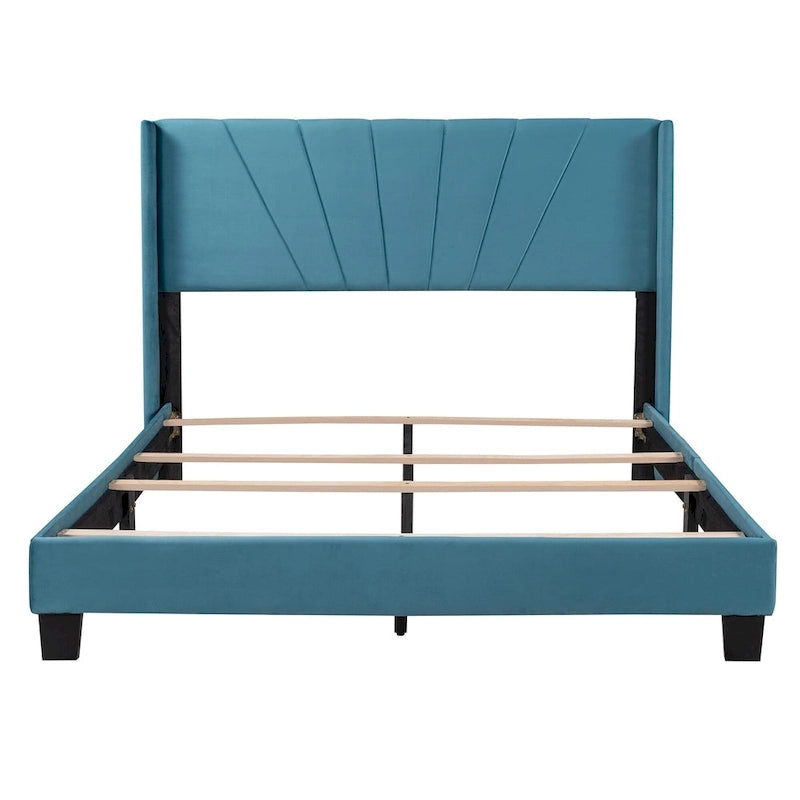 Cadre de lit Queen en velours beige / gris / bleu, 2 personnes