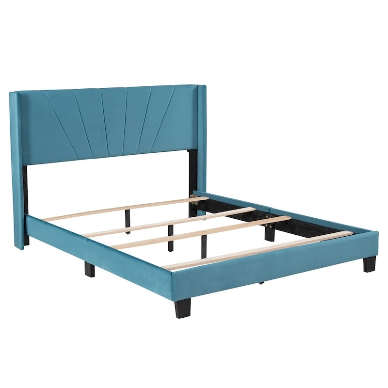 Cadre de lit Queen en velours beige / gris / bleu, 2 personnes