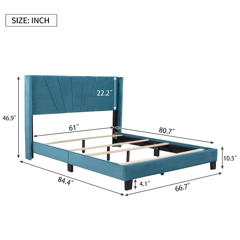 Cadre de lit Queen en velours beige / gris / bleu, 2 personnes