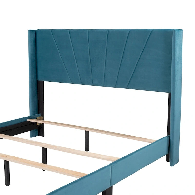 Cadre de lit Queen en velours beige / gris / bleu, 2 personnes