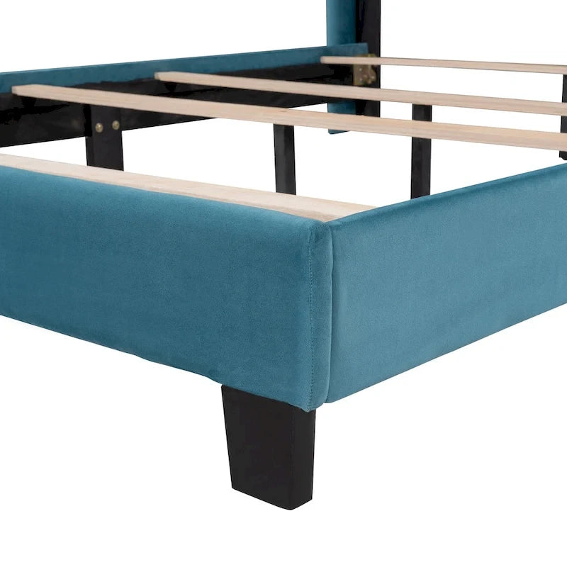 Cadre de lit Queen en velours beige / gris / bleu, 2 personnes