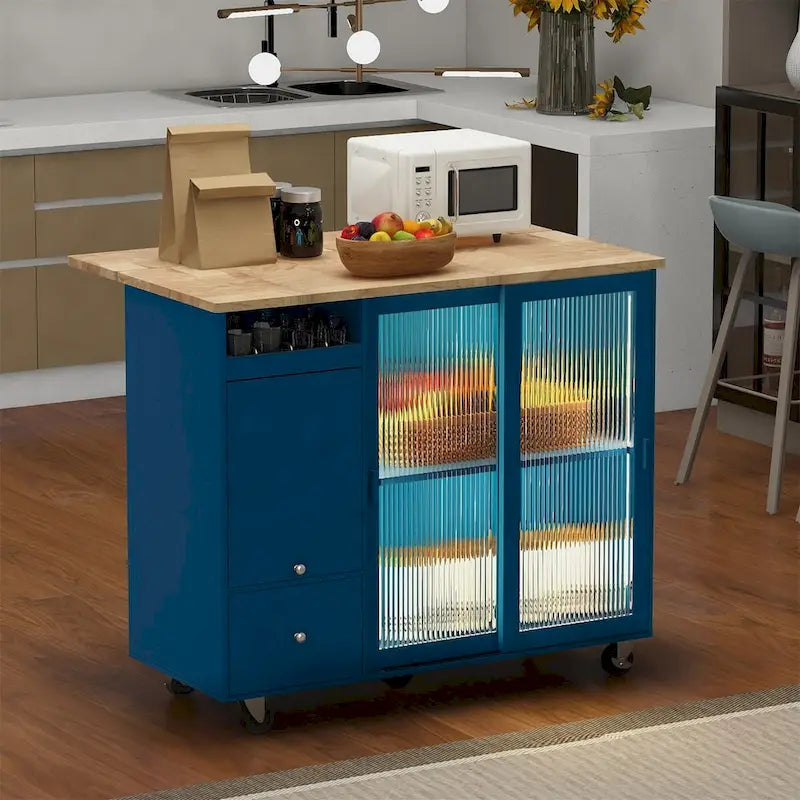 Desserte îlot de cuisine avec abattant et porte coulissante en verre – Bleu-gris / Blanc / Bleu marine