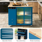 Desserte îlot de cuisine avec abattant et porte coulissante en verre – Bleu-gris / Blanc / Bleu marine