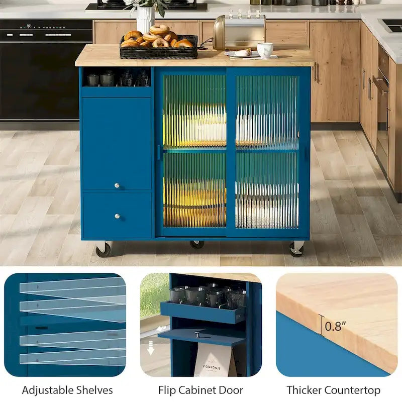 Desserte îlot de cuisine avec abattant et porte coulissante en verre – Bleu-gris / Blanc / Bleu marine