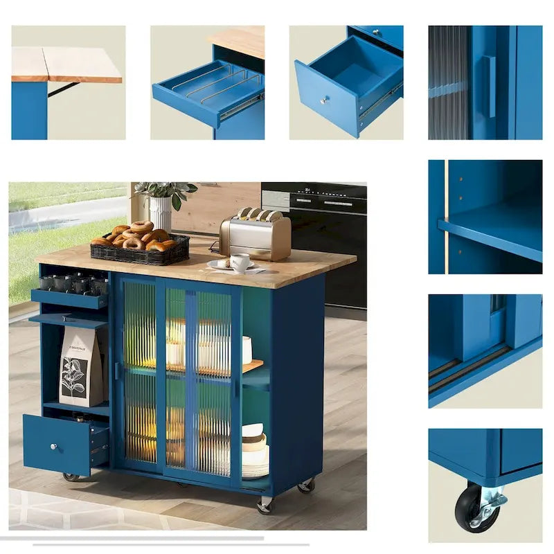Desserte îlot de cuisine avec abattant et porte coulissante en verre – Bleu-gris / Blanc / Bleu marine