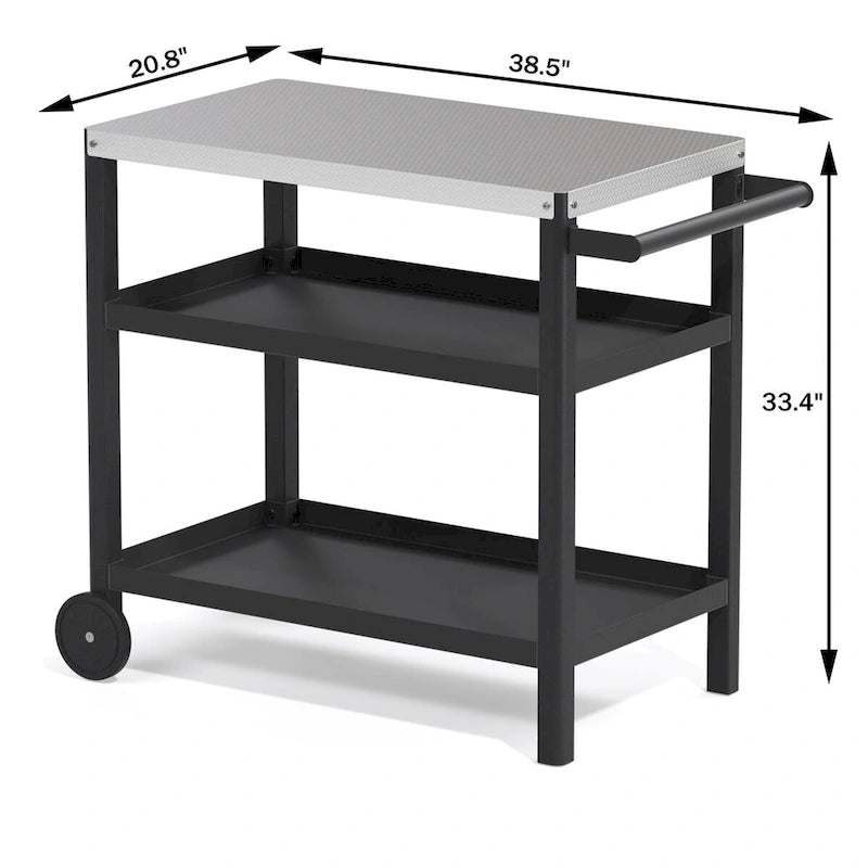 Blanc / Noir / Vert-Noir / Bleu / Bleu-Noir, Chariot de préparation pour grillade d'extérieur à 3 étagères avec plateau en acier inoxydable, 2 roues