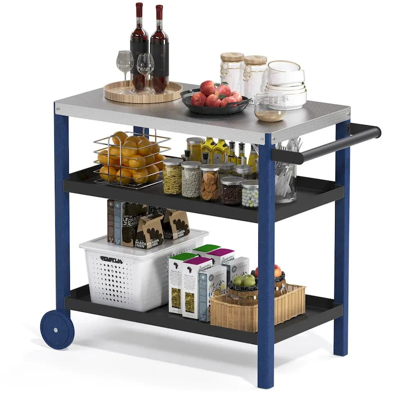 Blanc / Noir / Vert-Noir / Bleu / Bleu-Noir, Chariot de préparation pour grillade d'extérieur à 3 étagères avec plateau en acier inoxydable, 2 roues