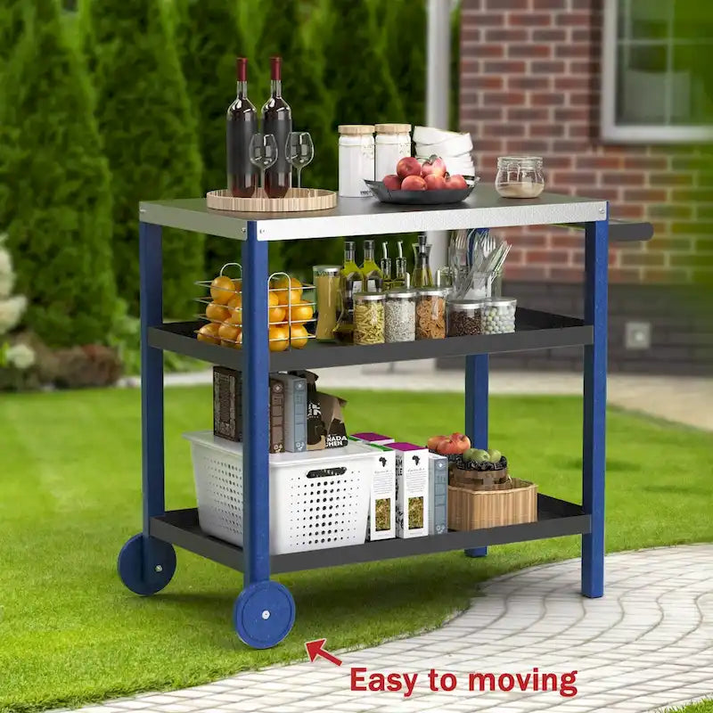 Blanc / Noir / Vert-Noir / Bleu / Bleu-Noir, Chariot de préparation pour grillade d'extérieur à 3 étagères avec plateau en acier inoxydable, 2 roues