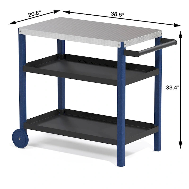 Blanc / Noir / Vert-Noir / Bleu / Bleu-Noir, Chariot de préparation pour grillade d'extérieur à 3 étagères avec plateau en acier inoxydable, 2 roues