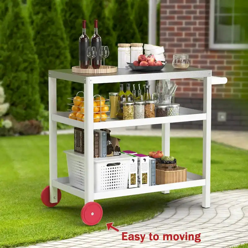 Blanc / Noir / Vert-Noir / Bleu / Bleu-Noir, Chariot de préparation pour grillade d'extérieur à 3 étagères avec plateau en acier inoxydable, 2 roues