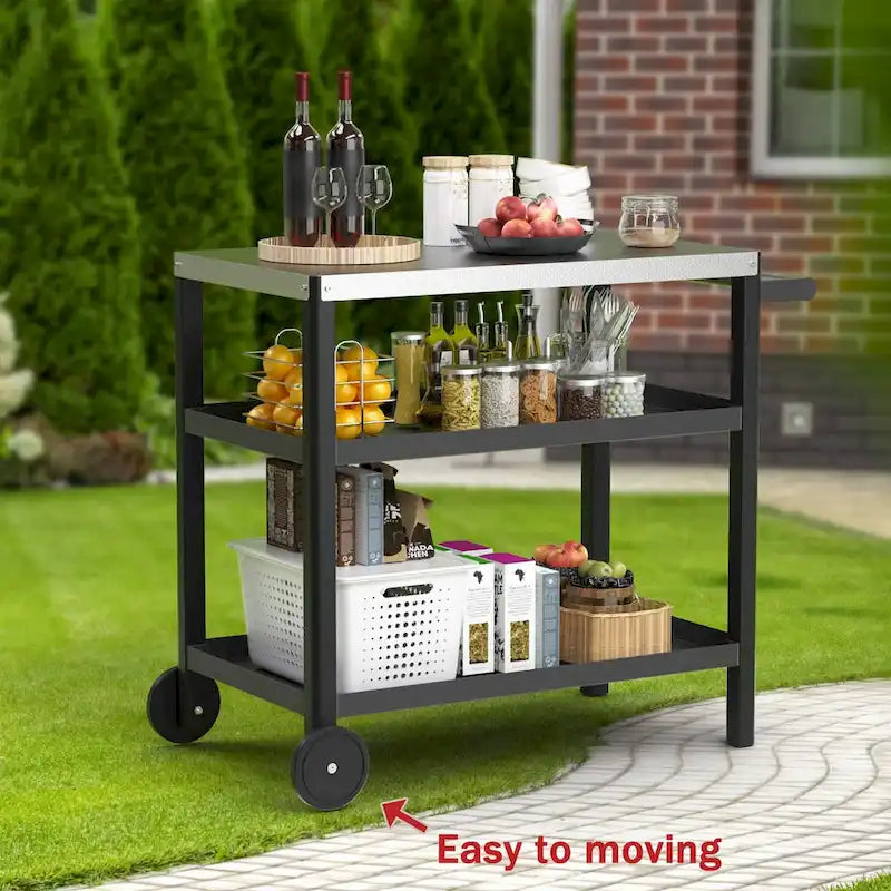 Blanc / Noir / Vert-Noir / Bleu / Bleu-Noir, Chariot de préparation pour grillade d'extérieur à 3 étagères avec plateau en acier inoxydable, 2 roues
