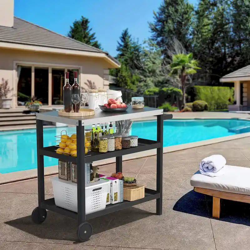 Blanc / Noir / Vert-Noir / Bleu / Bleu-Noir, Chariot de préparation pour grillade d'extérieur à 3 étagères avec plateau en acier inoxydable, 2 roues