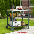 Blanc / Noir / Vert-Noir / Bleu / Bleu-Noir, Chariot de préparation pour grillade d'extérieur à 3 étagères avec plateau en acier inoxydable, 2 roues