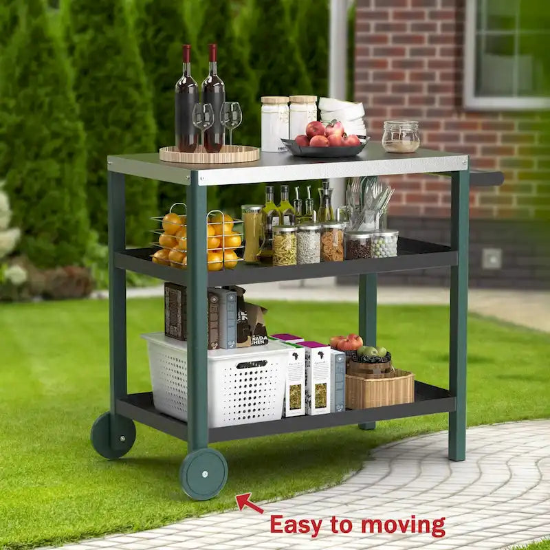Blanc / Noir / Vert-Noir / Bleu / Bleu-Noir, Chariot de préparation pour grillade d'extérieur à 3 étagères avec plateau en acier inoxydable, 2 roues