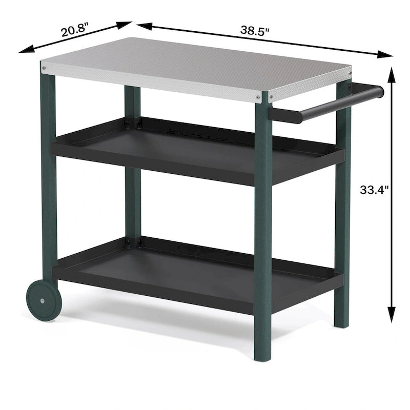Blanc / Noir / Vert-Noir / Bleu / Bleu-Noir, Chariot de préparation pour grillade d'extérieur à 3 étagères avec plateau en acier inoxydable, 2 roues