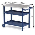 Blanc / Noir / Vert-Noir / Bleu / Bleu-Noir, Chariot de préparation pour grillade d'extérieur à 3 étagères avec plateau en acier inoxydable, 2 roues