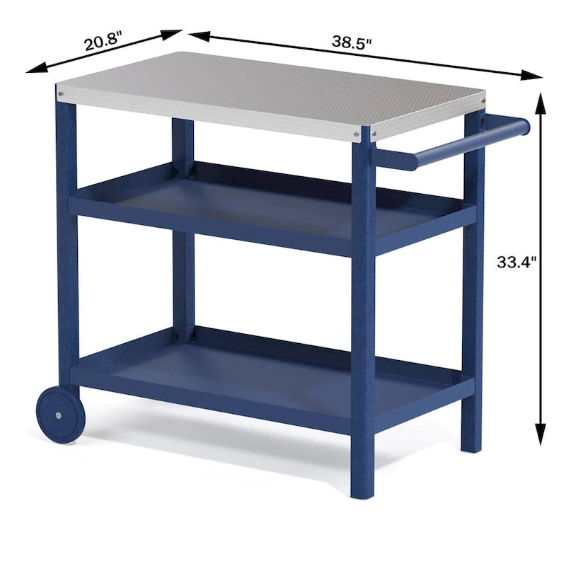 Blanc / Noir / Vert-Noir / Bleu / Bleu-Noir, Chariot de préparation pour grillade d'extérieur à 3 étagères avec plateau en acier inoxydable, 2 roues