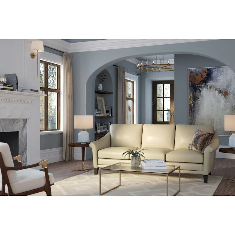 Causeuse en cuir véritable marron/beige, style moderne du milieu du siècle, 2 places