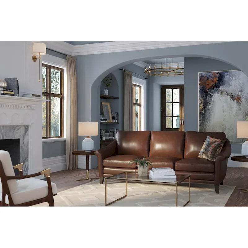 Causeuse en cuir véritable marron/beige, style moderne du milieu du siècle, 2 places