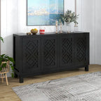 Buffet 4 portes, motif creux en losange, poignées anneaux – Noir / Blanc / Gris clair