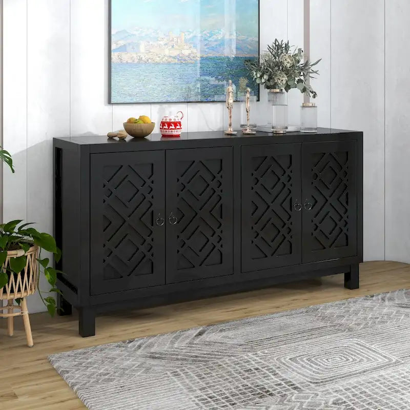 Buffet 4 portes, motif creux en losange, poignées anneaux – Noir / Blanc / Gris clair