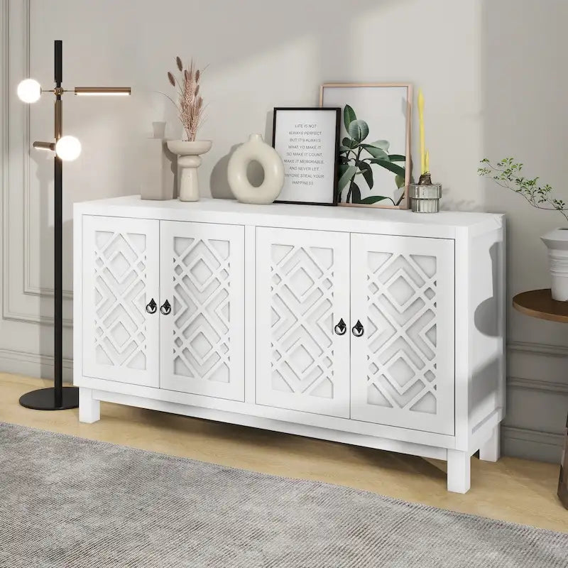 Buffet 4 portes, motif creux en losange, poignées anneaux – Noir / Blanc / Gris clair