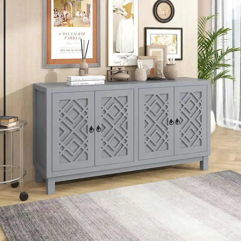 Buffet 4 portes, motif creux en losange, poignées anneaux – Noir / Blanc / Gris clair