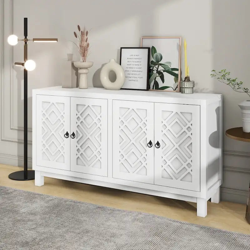Buffet 4 portes, motif creux en losange, poignées anneaux – Noir / Blanc / Gris clair