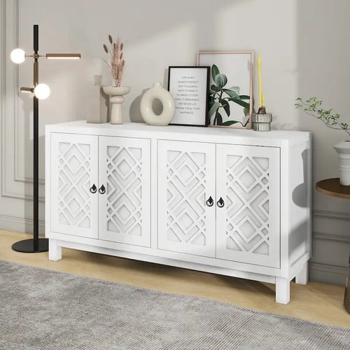 Buffet 4 portes, motif creux en losange, poignées anneaux – Noir / Blanc / Gris clair