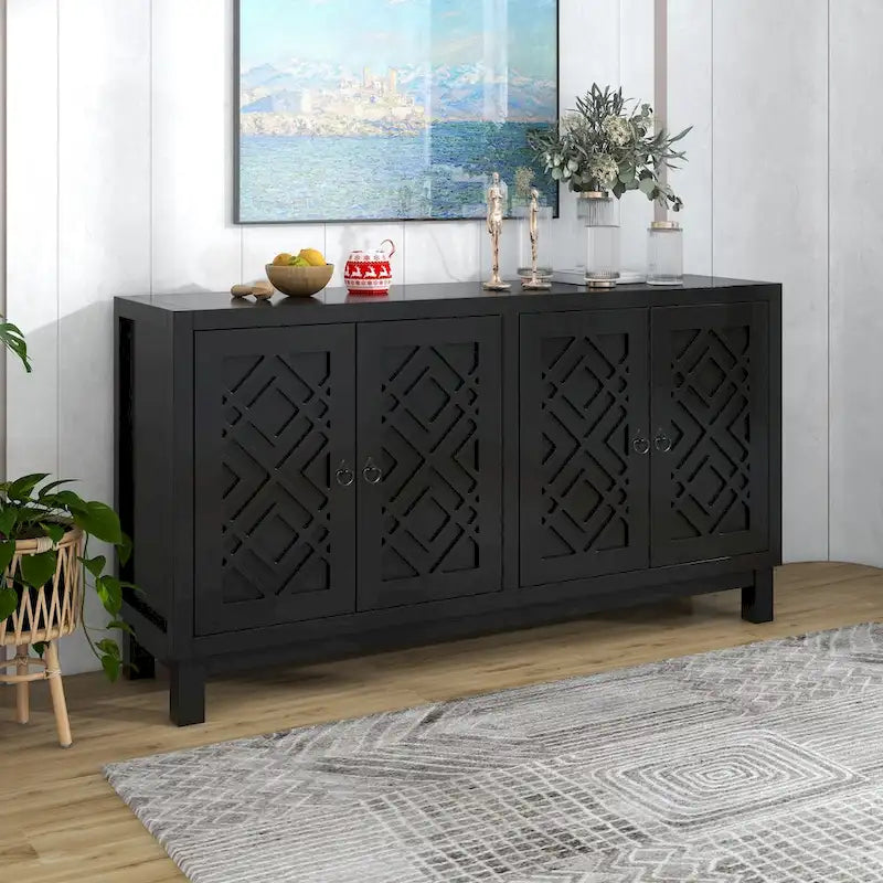 Buffet 4 portes, motif creux en losange, poignées anneaux – Noir / Blanc / Gris clair