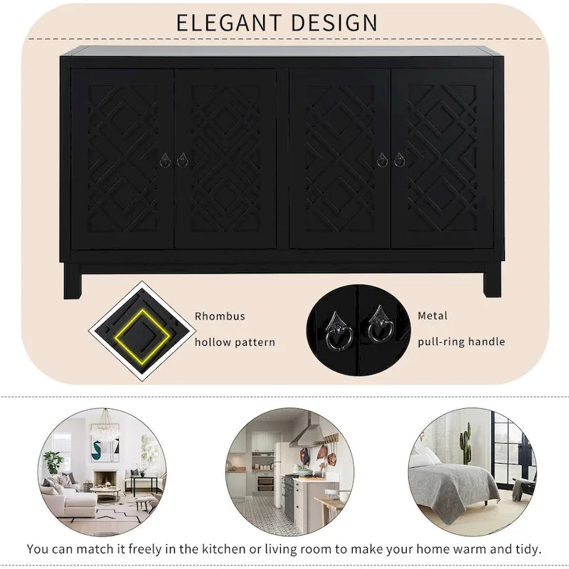 Buffet 4 portes, motif creux en losange, poignées anneaux – Noir / Blanc / Gris clair