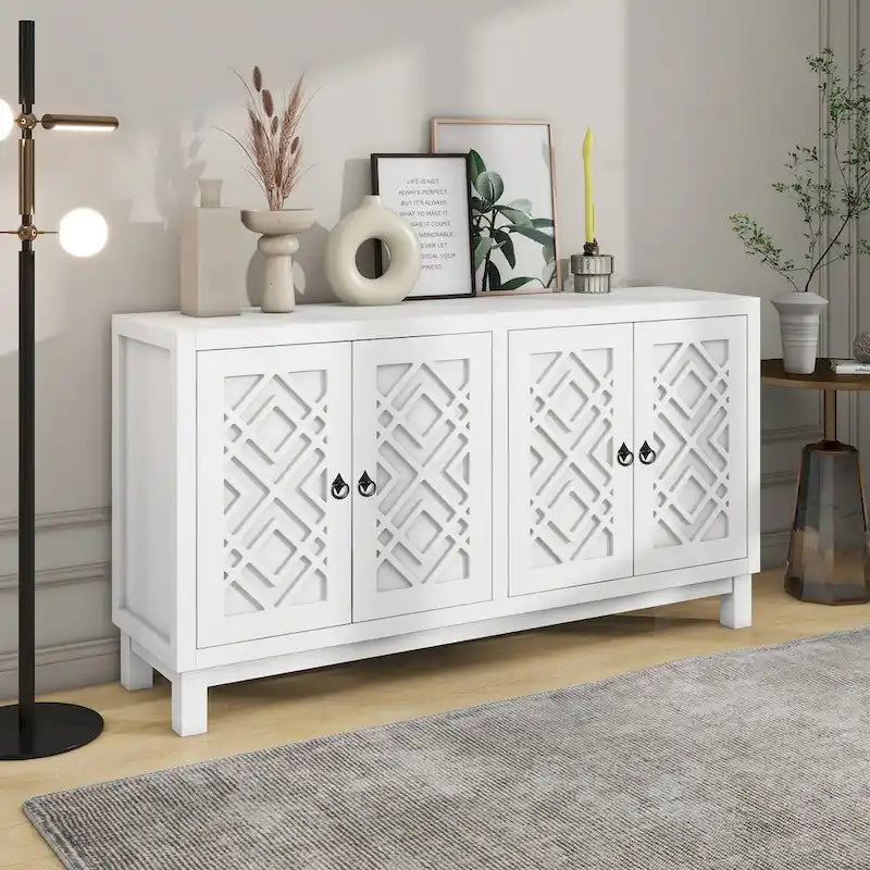 Buffet 4 portes, motif creux en losange, poignées anneaux – Noir / Blanc / Gris clair
