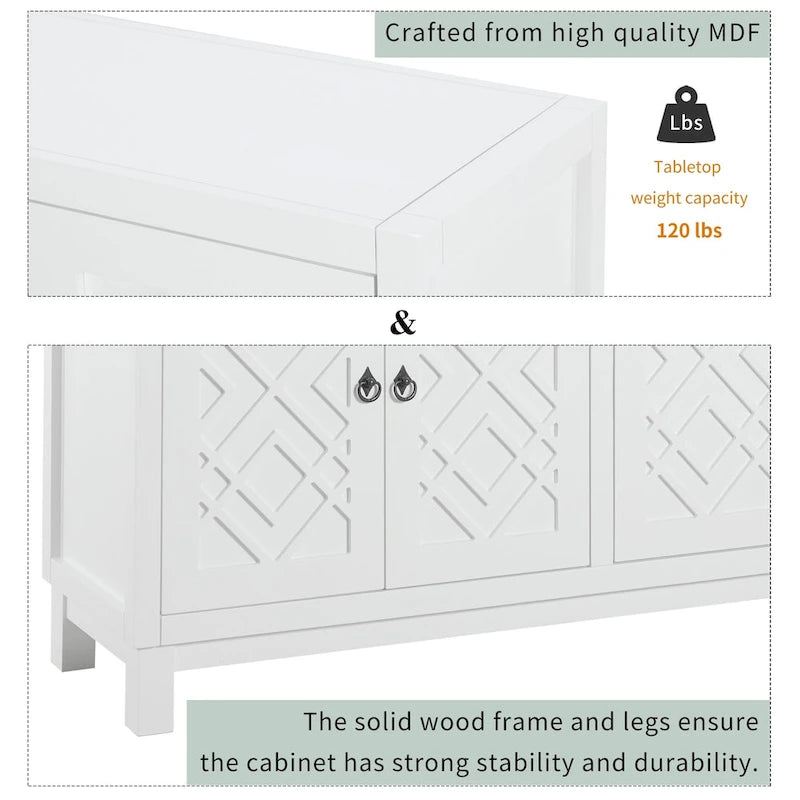 Buffet 4 portes, motif creux en losange, poignées anneaux – Noir / Blanc / Gris clair