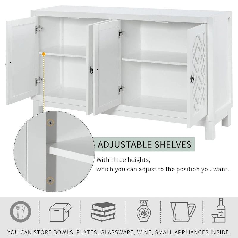 Buffet 4 portes, motif creux en losange, poignées anneaux – Noir / Blanc / Gris clair