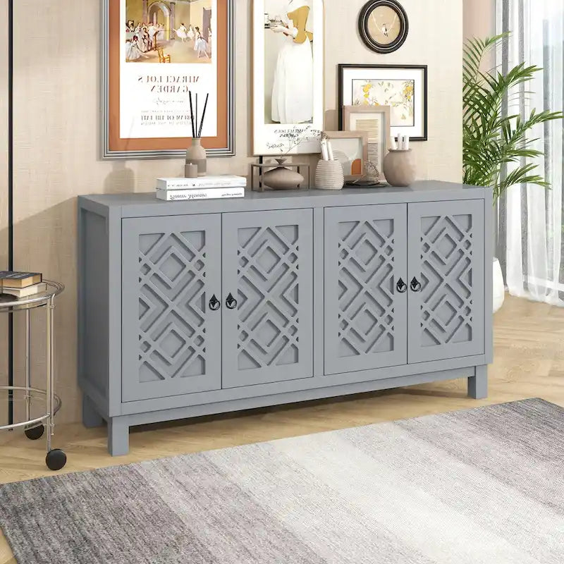 Buffet 4 portes, motif creux en losange, poignées anneaux – Noir / Blanc / Gris clair
