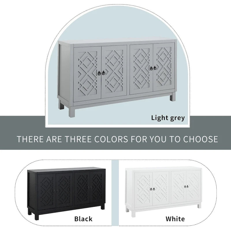 Buffet 4 portes, motif creux en losange, poignées anneaux – Noir / Blanc / Gris clair