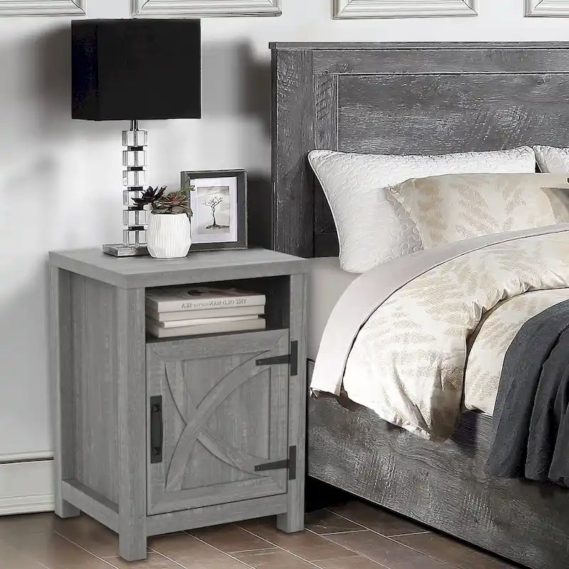 Table de chevet avec porte de grange et étagère de rangement, noyer/gris/blanc