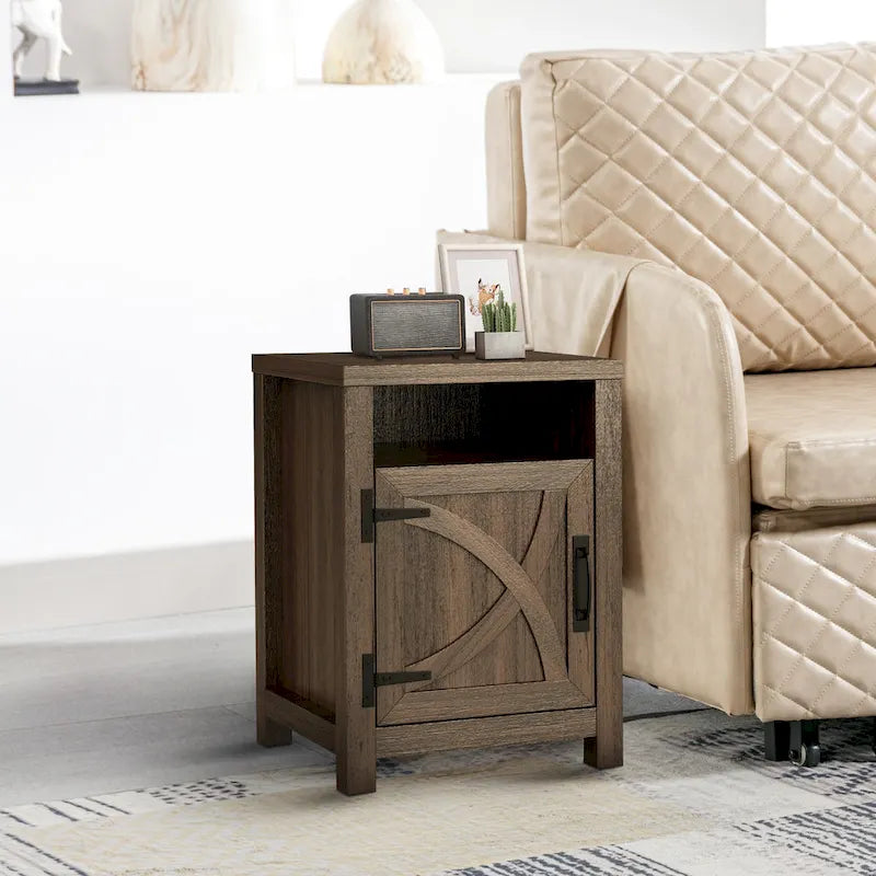 Table de chevet avec porte de grange et étagère de rangement, noyer/gris/blanc