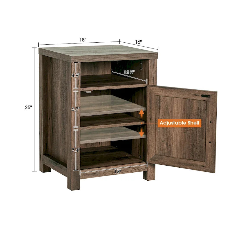 Table de chevet avec porte de grange et étagère de rangement, noyer/gris/blanc