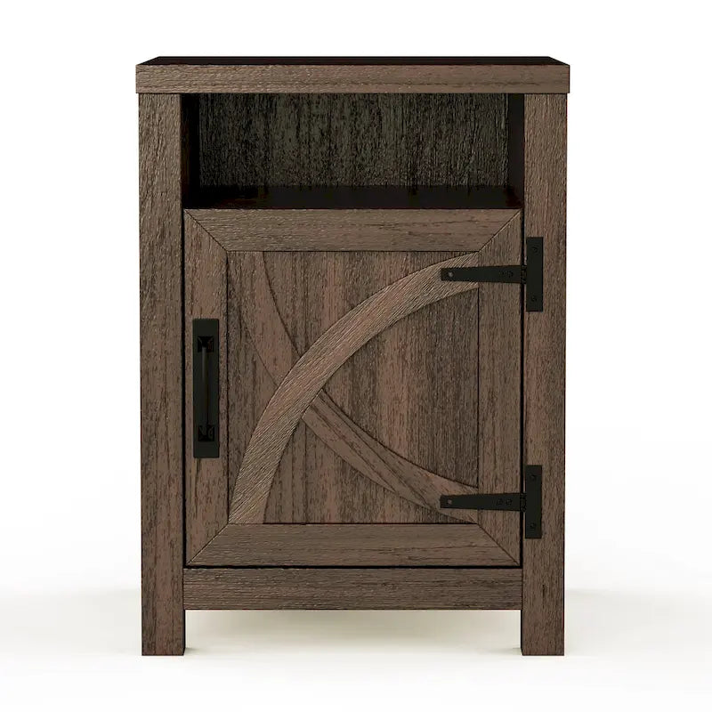 Table de chevet avec porte de grange et étagère de rangement, noyer/gris/blanc
