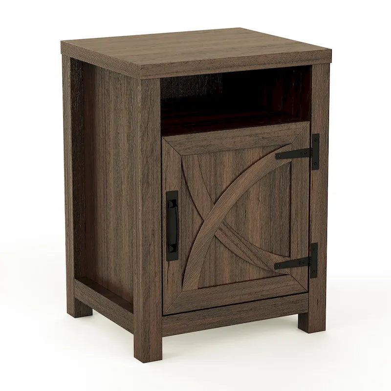 Table de chevet avec porte de grange et étagère de rangement, noyer/gris/blanc