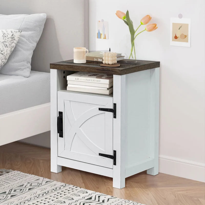 Table de chevet avec porte de grange et étagère de rangement, noyer/gris/blanc