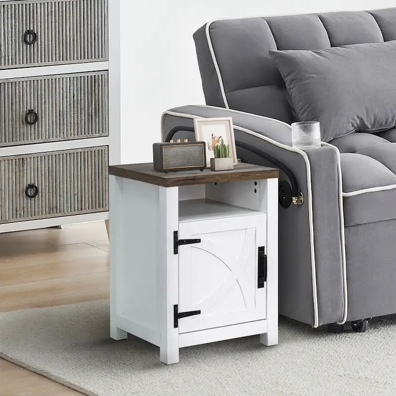 Table de chevet avec porte de grange et étagère de rangement, noyer/gris/blanc