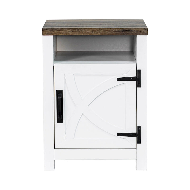 Table de chevet avec porte de grange et étagère de rangement, noyer/gris/blanc