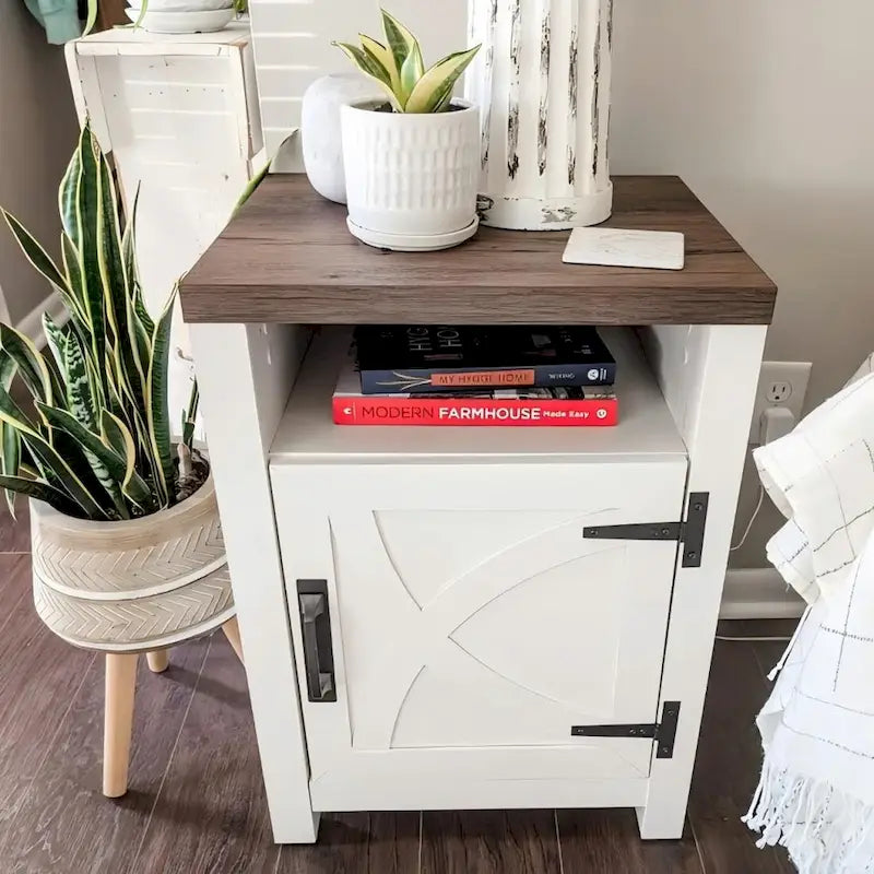 Table de chevet avec porte de grange et étagère de rangement, noyer/gris/blanc