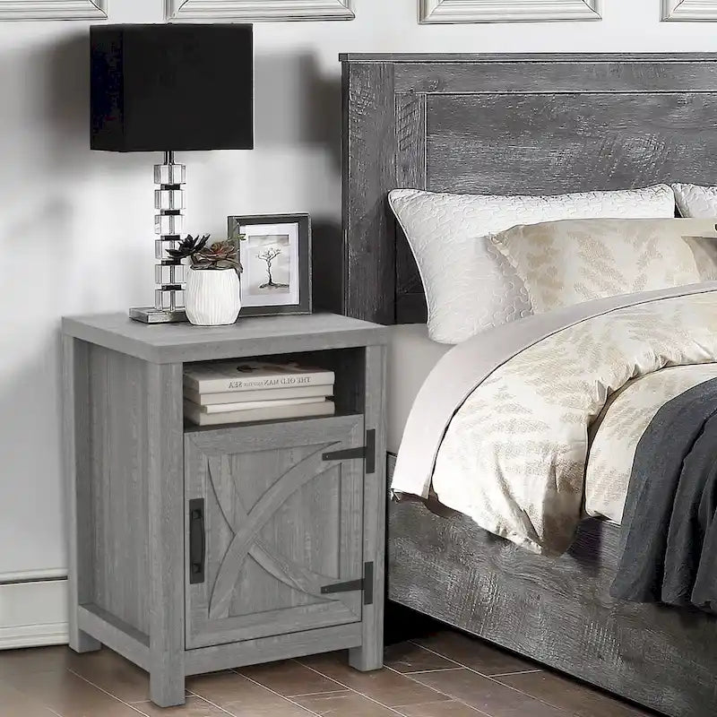 Table de chevet avec porte de grange et étagère de rangement, noyer/gris/blanc