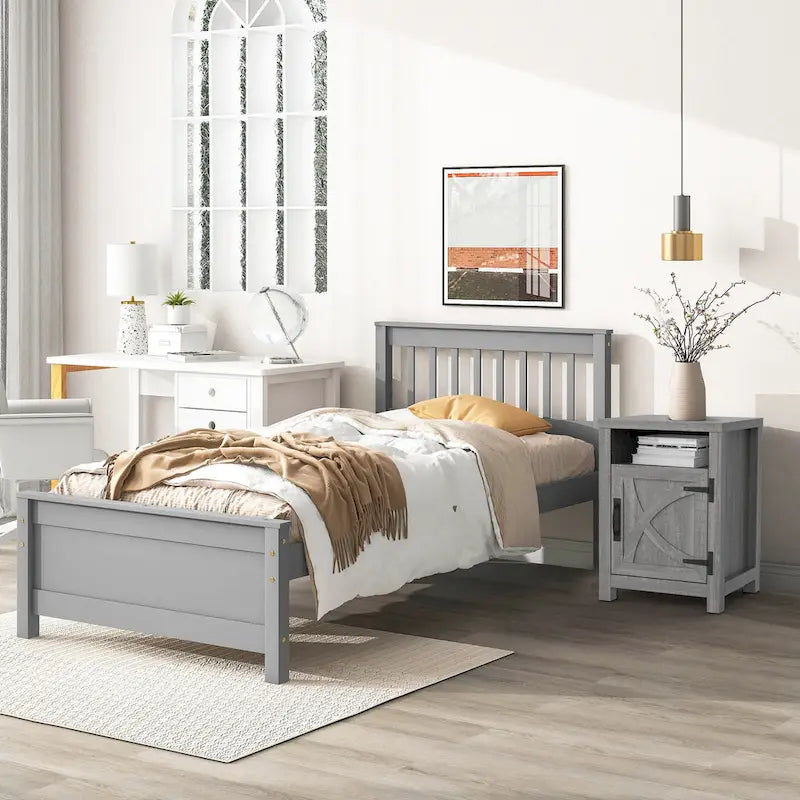 Table de chevet avec porte de grange et étagère de rangement, noyer/gris/blanc